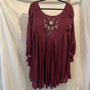 Free People Maroon Embroidered Tunic/Mini Dress